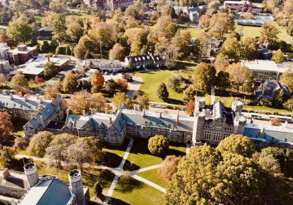 Drone shot of campus in the fall